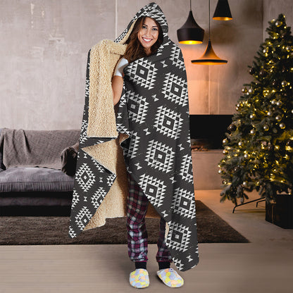 Black And White Navajo Pattern Print Hooded Blanket