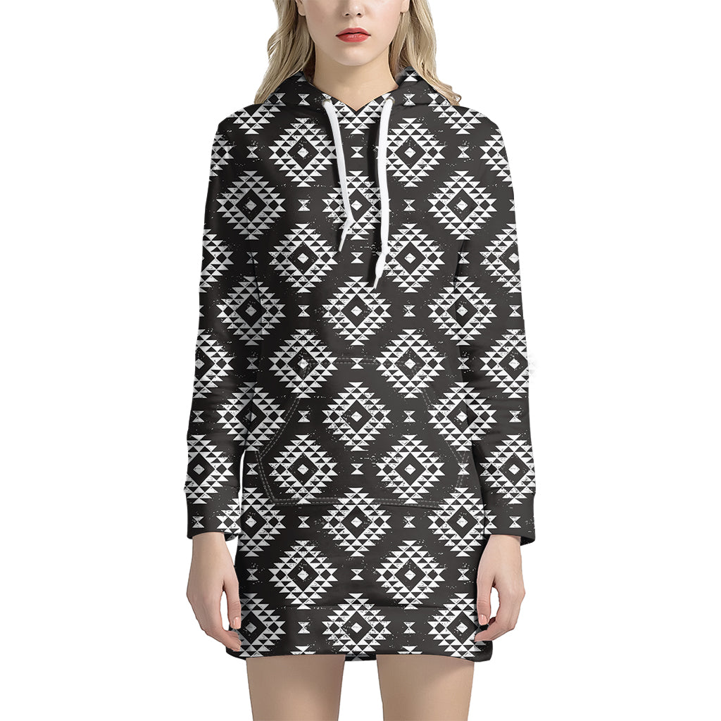 Black And White Navajo Pattern Print Hoodie Dress