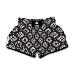 Black And White Navajo Pattern Print Muay Thai Boxing Shorts