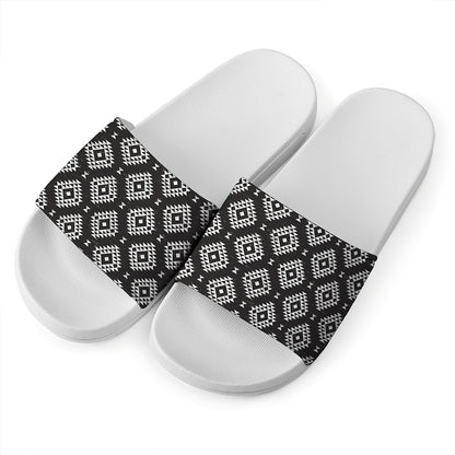Black And White Navajo Pattern Print White Slide Sandals
