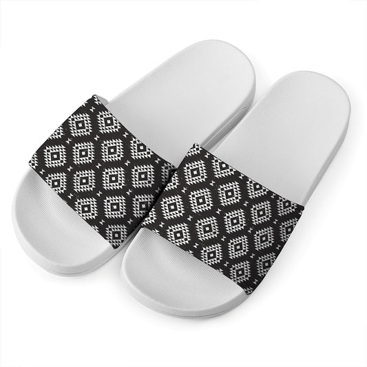 Black And White Navajo Pattern Print White Slide Sandals