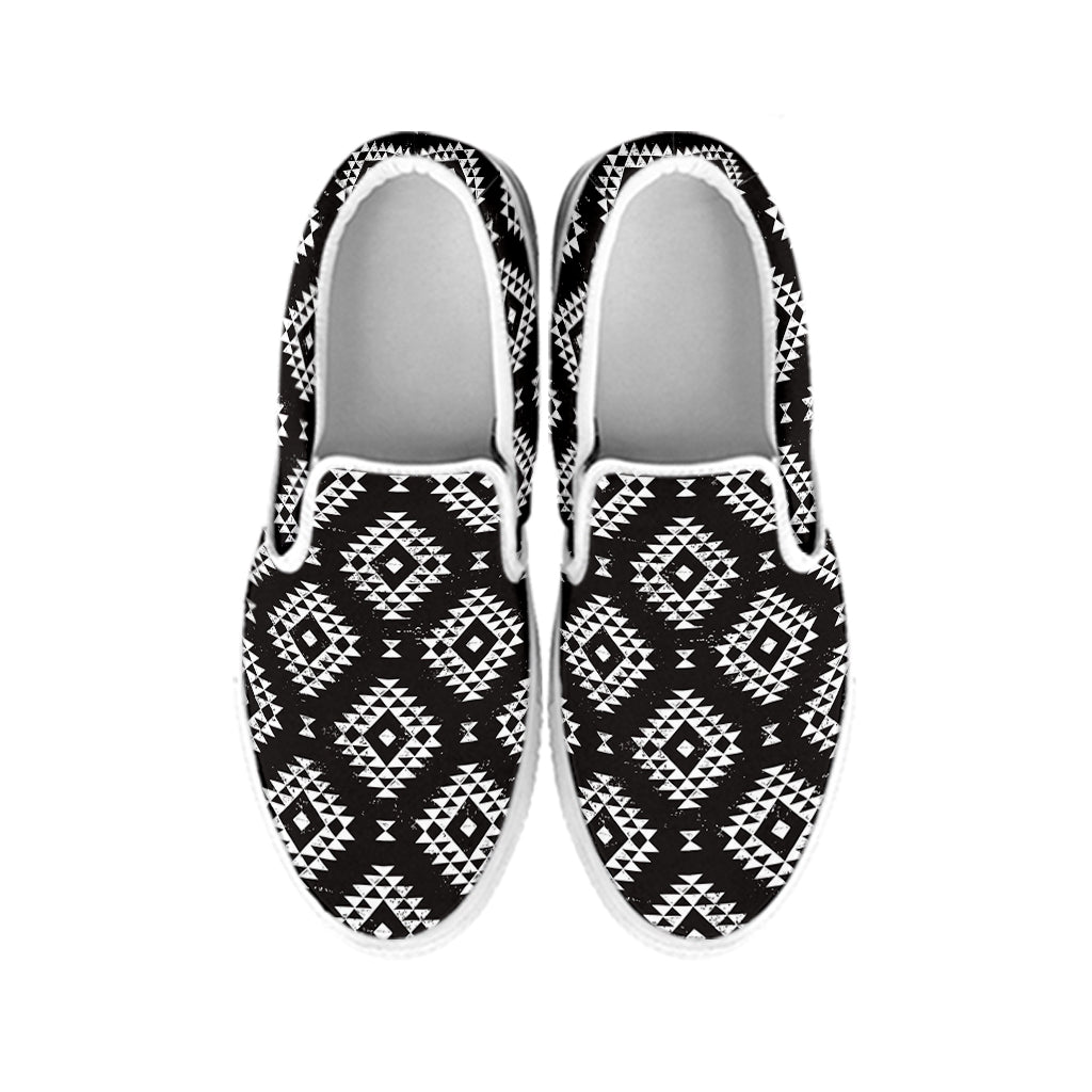 Black And White Navajo Pattern Print White Slip On Shoes