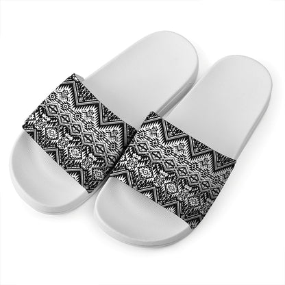 Black And White Navajo Print White Slide Sandals