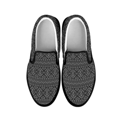Black And White Navajo Tribal Print Black Slip On Shoes