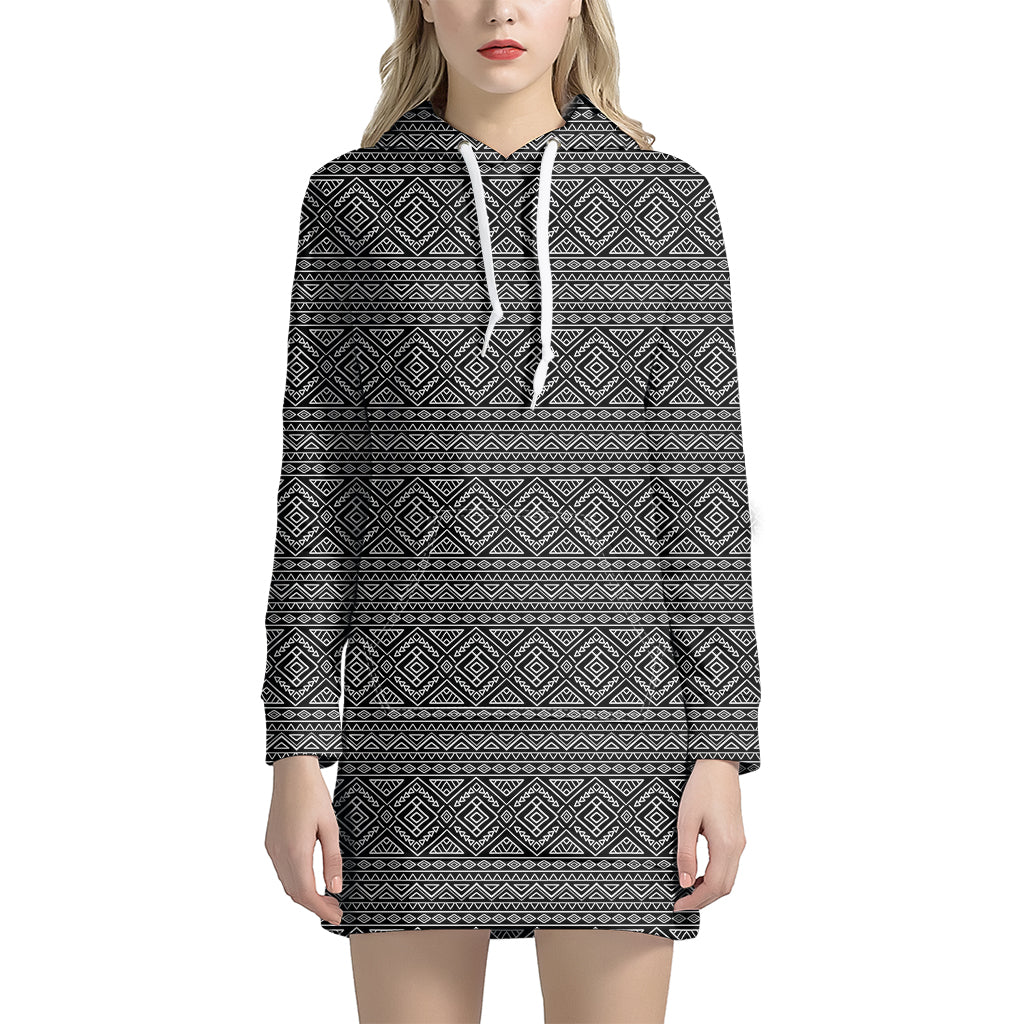 Black And White Navajo Tribal Print Hoodie Dress