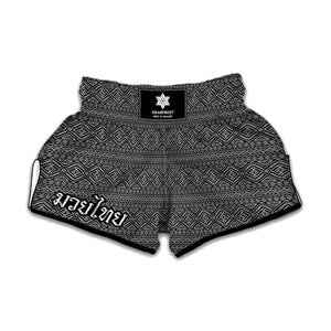 Black And White Navajo Tribal Print Muay Thai Boxing Shorts