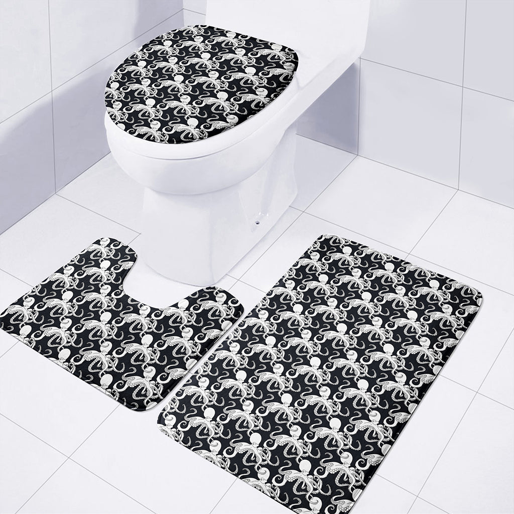 Black And White Octopus Pattern Print 3 Piece Bath Mat Set