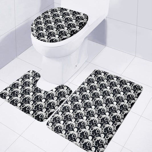 Black And White Octopus Pattern Print 3 Piece Bath Mat Set