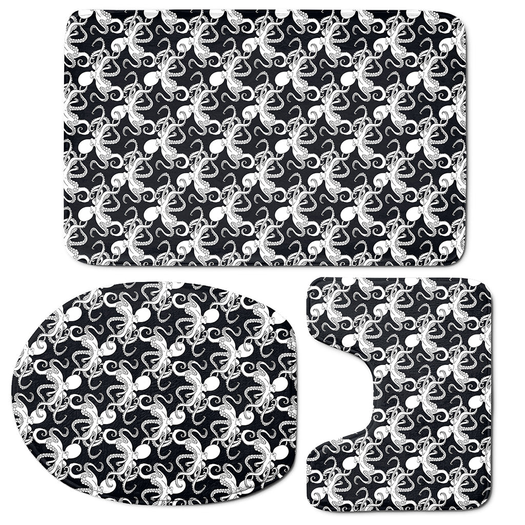 Black And White Octopus Pattern Print 3 Piece Bath Mat Set