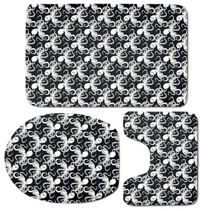 Black And White Octopus Pattern Print 3 Piece Bath Mat Set