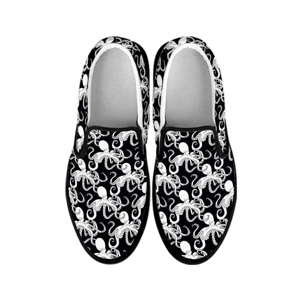Black And White Octopus Pattern Print Black Slip On Shoes