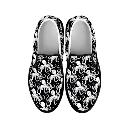 Black And White Octopus Pattern Print Black Slip On Shoes