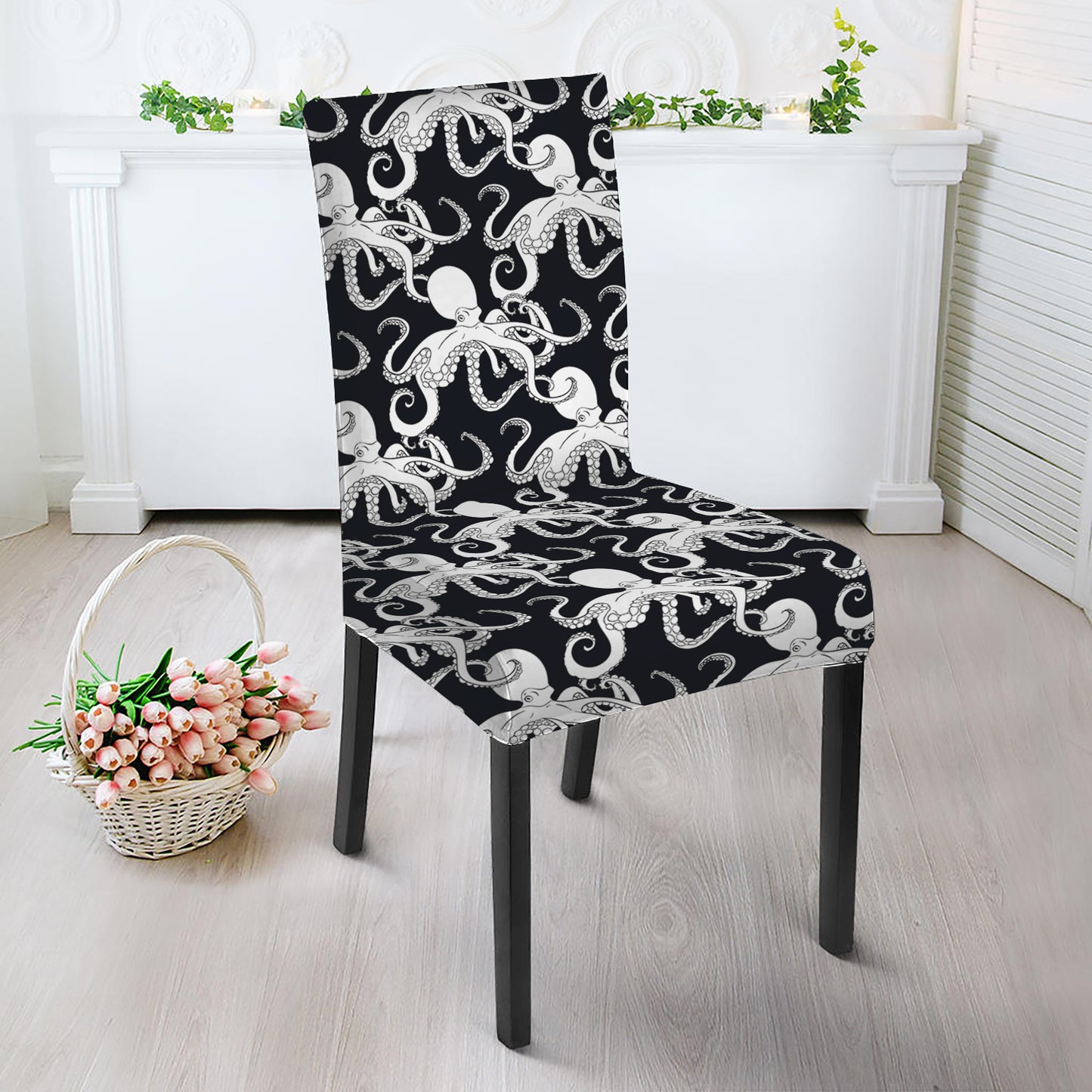 Black And White Octopus Pattern Print Dining Chair Slipcover