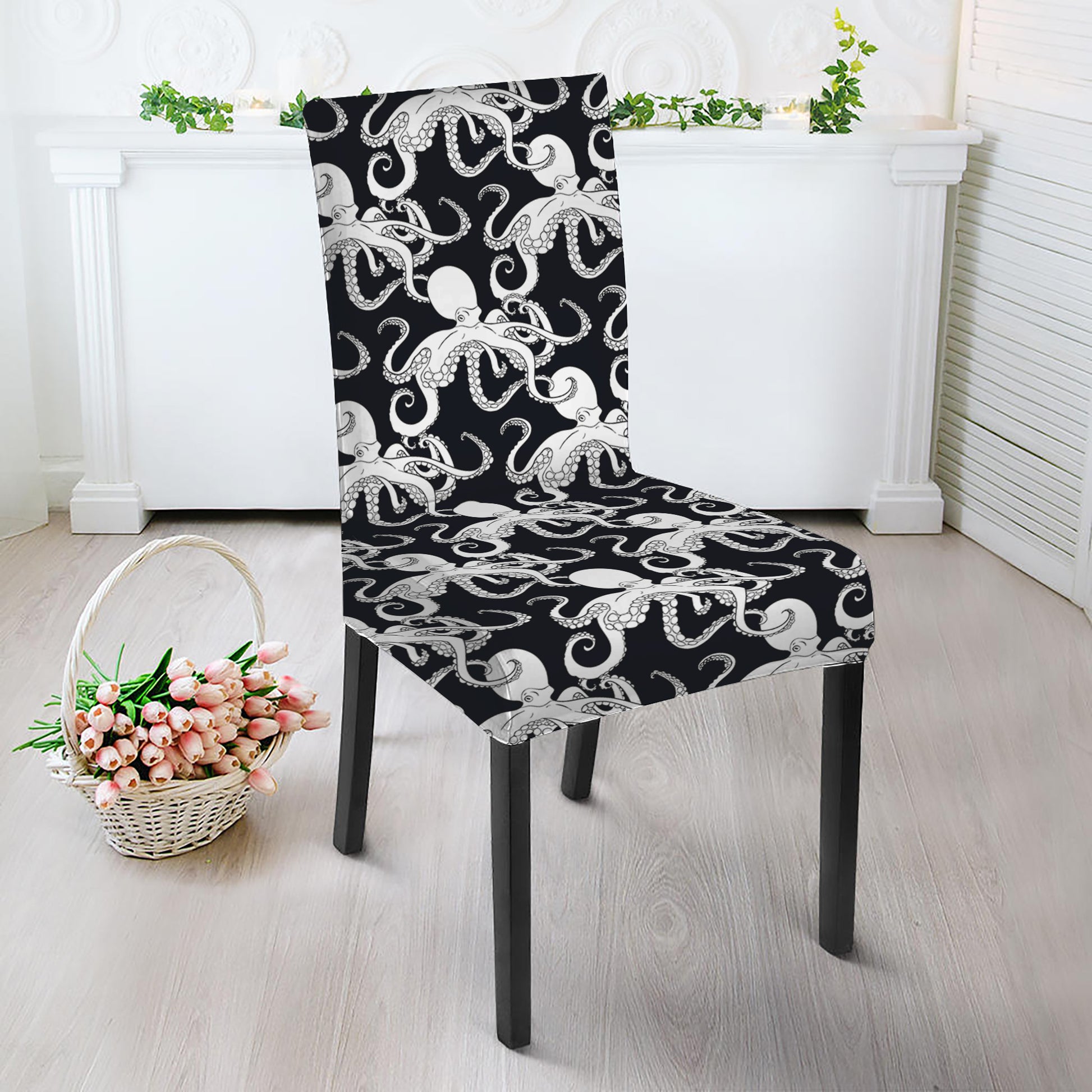 Black And White Octopus Pattern Print Dining Chair Slipcover