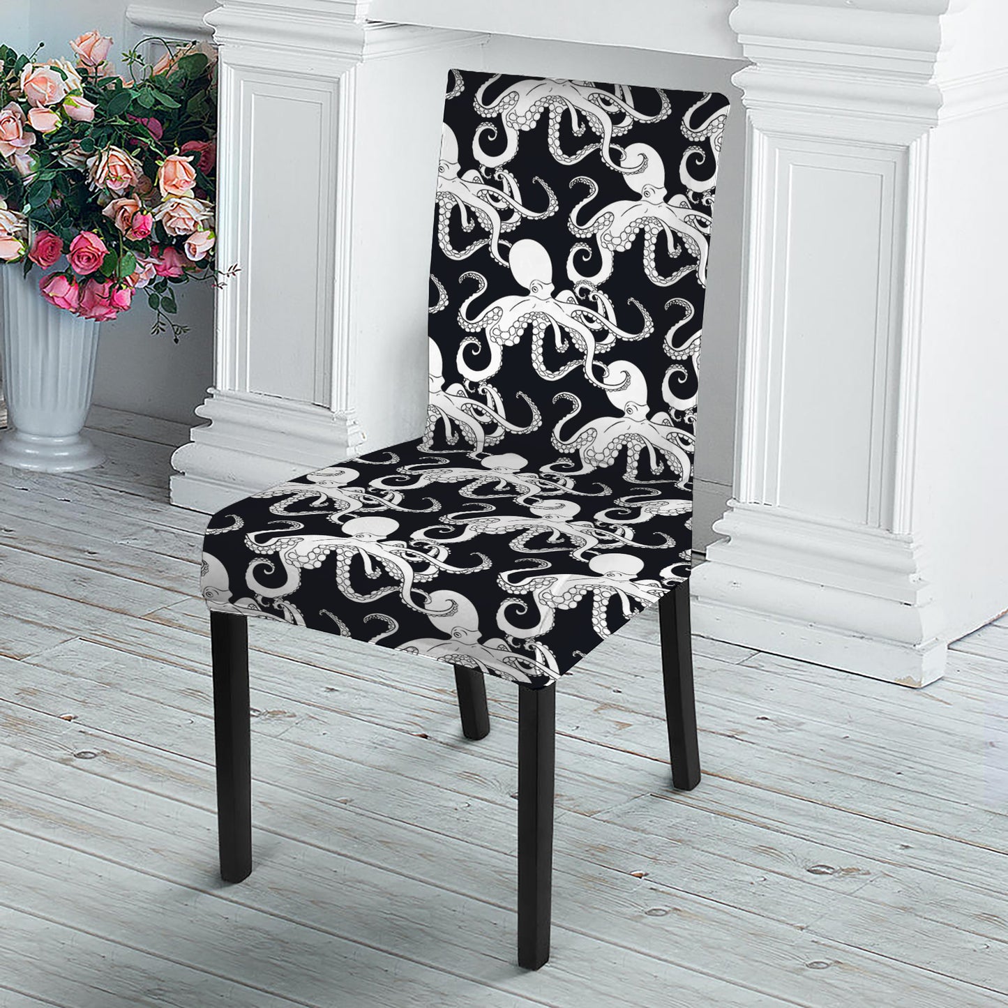 Black And White Octopus Pattern Print Dining Chair Slipcover