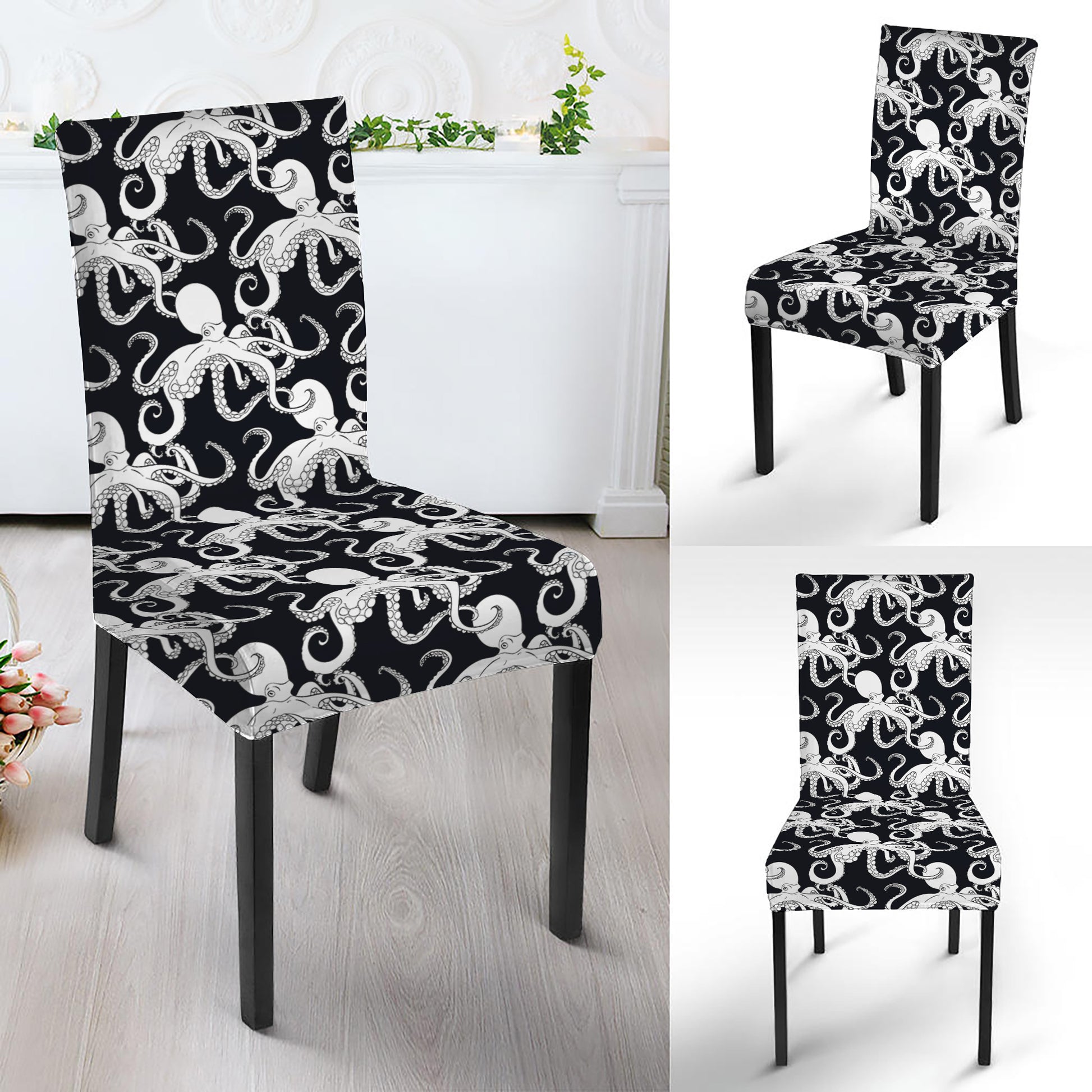 Black And White Octopus Pattern Print Dining Chair Slipcover