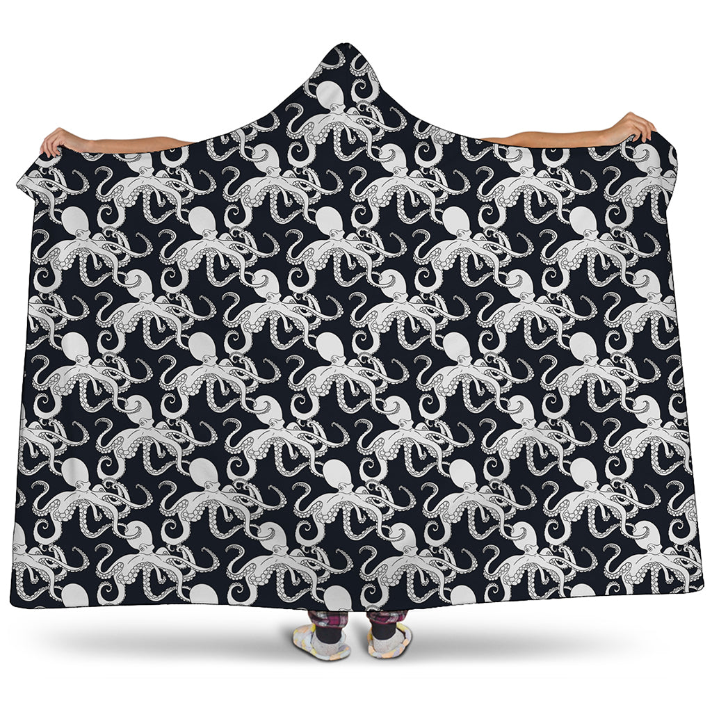 Black And White Octopus Pattern Print Hooded Blanket