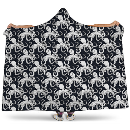 Black And White Octopus Pattern Print Hooded Blanket