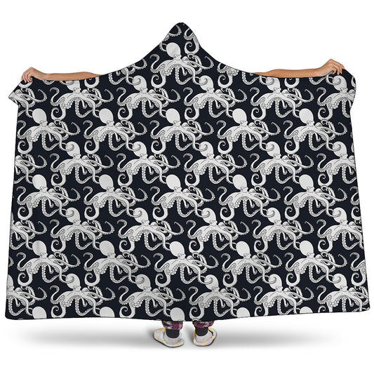 Black And White Octopus Pattern Print Hooded Blanket