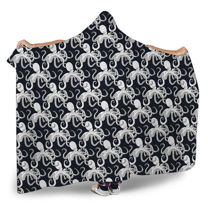 Black And White Octopus Pattern Print Hooded Blanket
