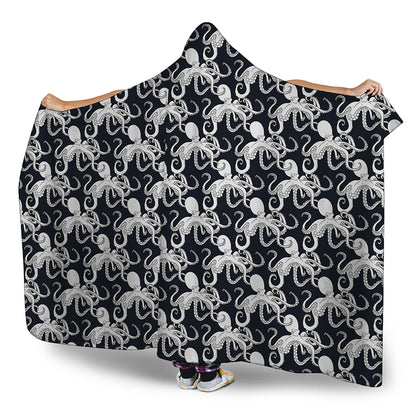 Black And White Octopus Pattern Print Hooded Blanket