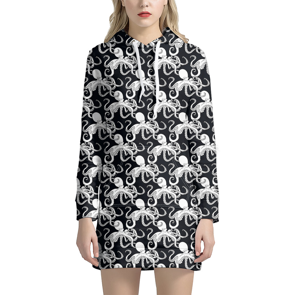 Black And White Octopus Pattern Print Hoodie Dress