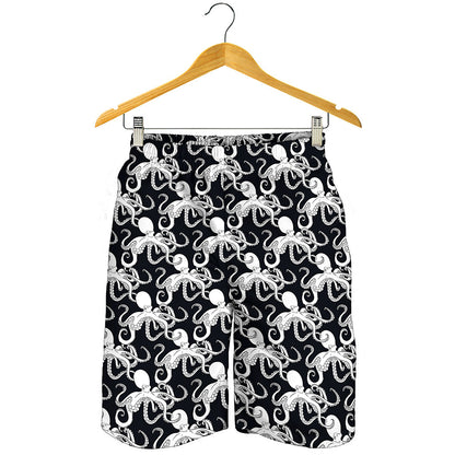 Black And White Octopus Pattern Print Men's Shorts