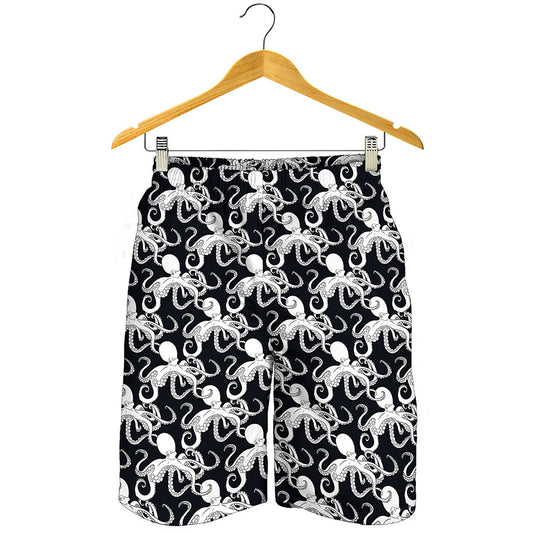 Black And White Octopus Pattern Print Men's Shorts