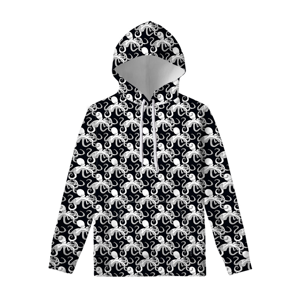 Black And White Octopus Pattern Print Pullover Hoodie