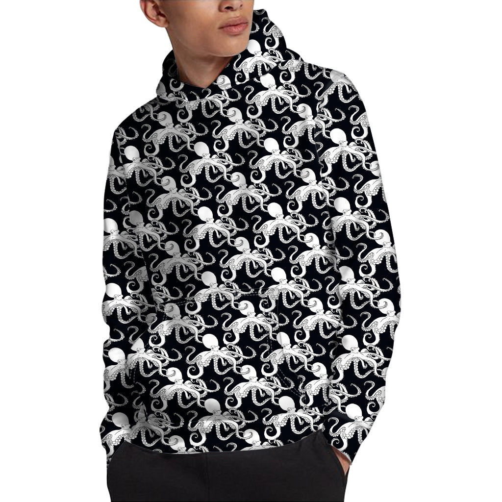 Black And White Octopus Pattern Print Pullover Hoodie