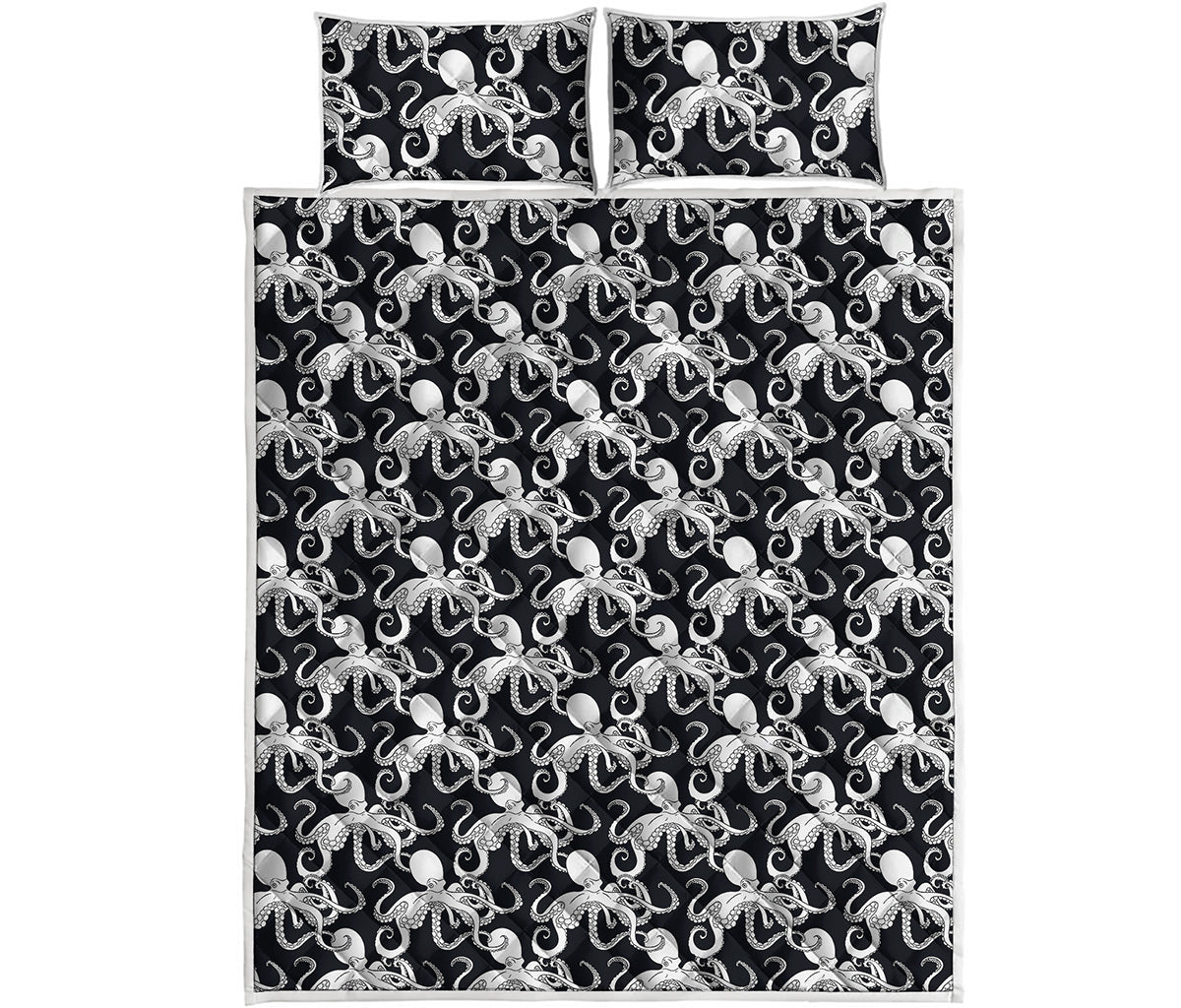 Black And White Octopus Pattern Print Quilt Bed Set