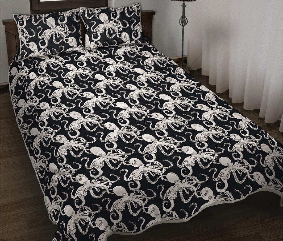Black And White Octopus Pattern Print Quilt Bed Set