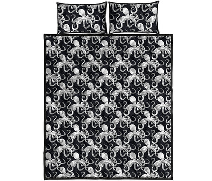 Black And White Octopus Pattern Print Quilt Bed Set