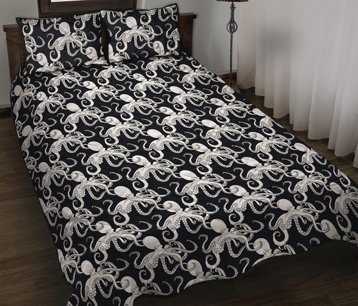 Black And White Octopus Pattern Print Quilt Bed Set