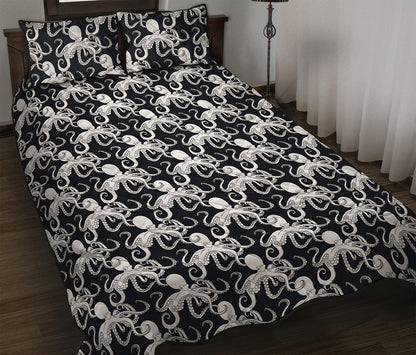Black And White Octopus Pattern Print Quilt Bed Set