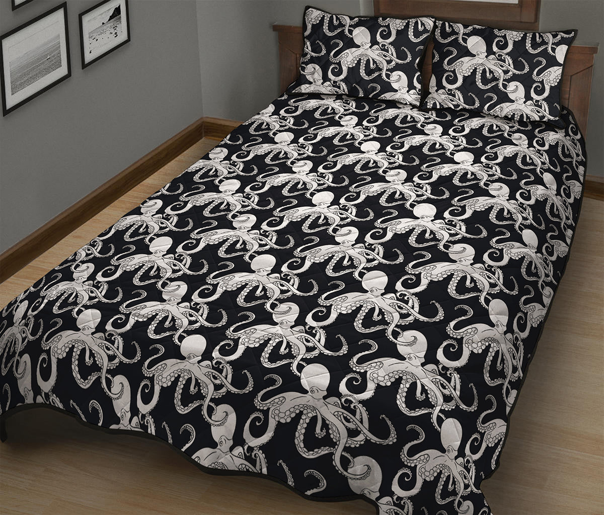 Black And White Octopus Pattern Print Quilt Bed Set