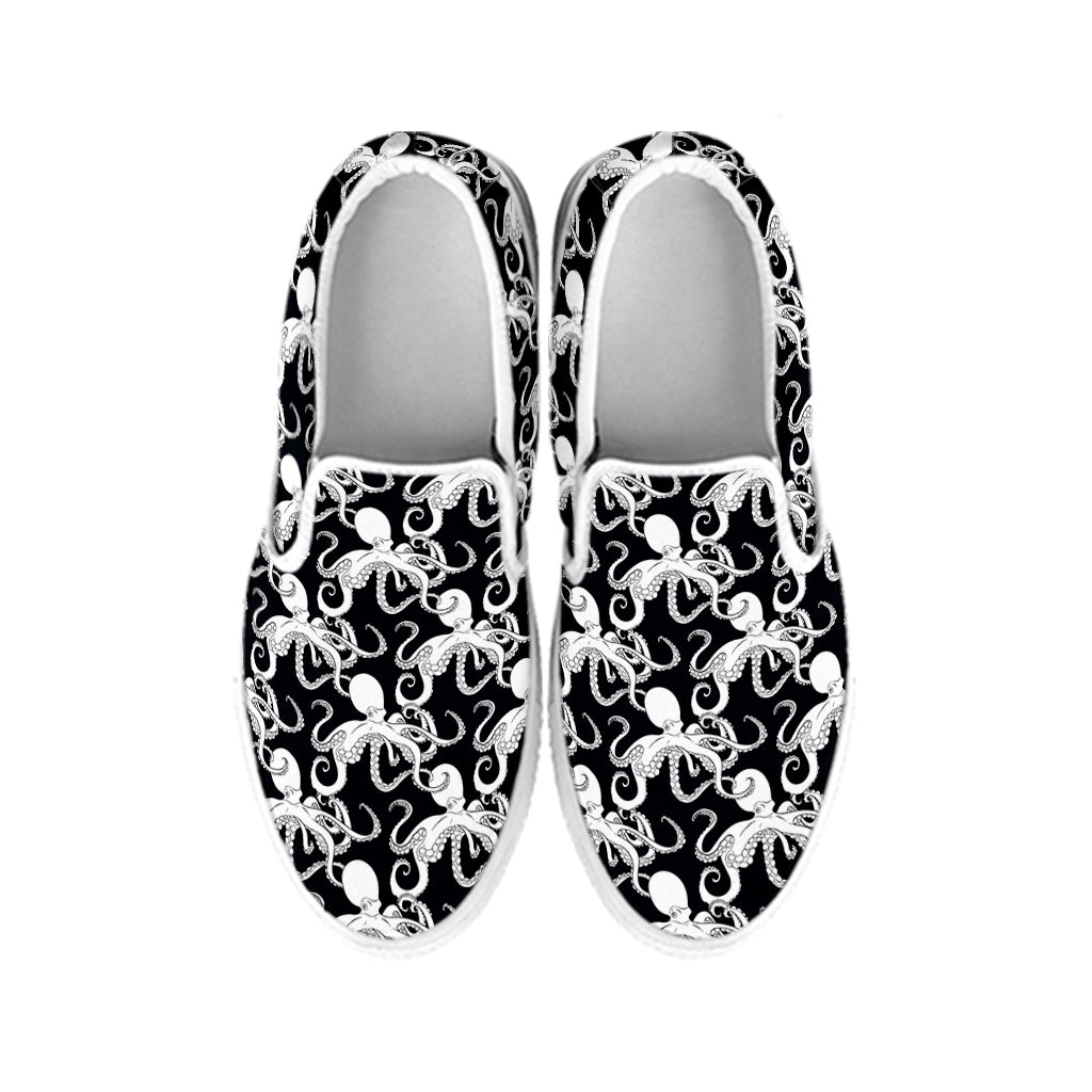 Black And White Octopus Pattern Print White Slip On Shoes