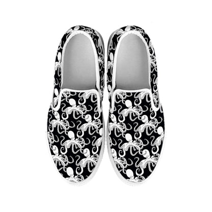 Black And White Octopus Pattern Print White Slip On Shoes