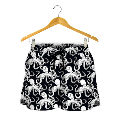 Black And White Octopus Pattern Print Women's Shorts