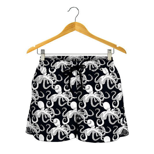 Black And White Octopus Pattern Print Women's Shorts