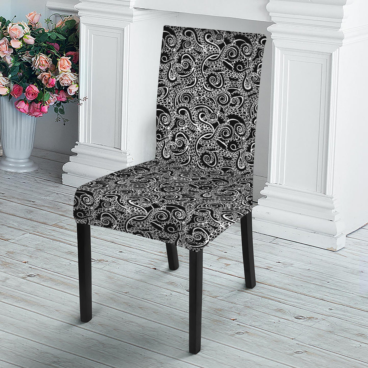 Black And White Octopus Tentacles Print Dining Chair Slipcover