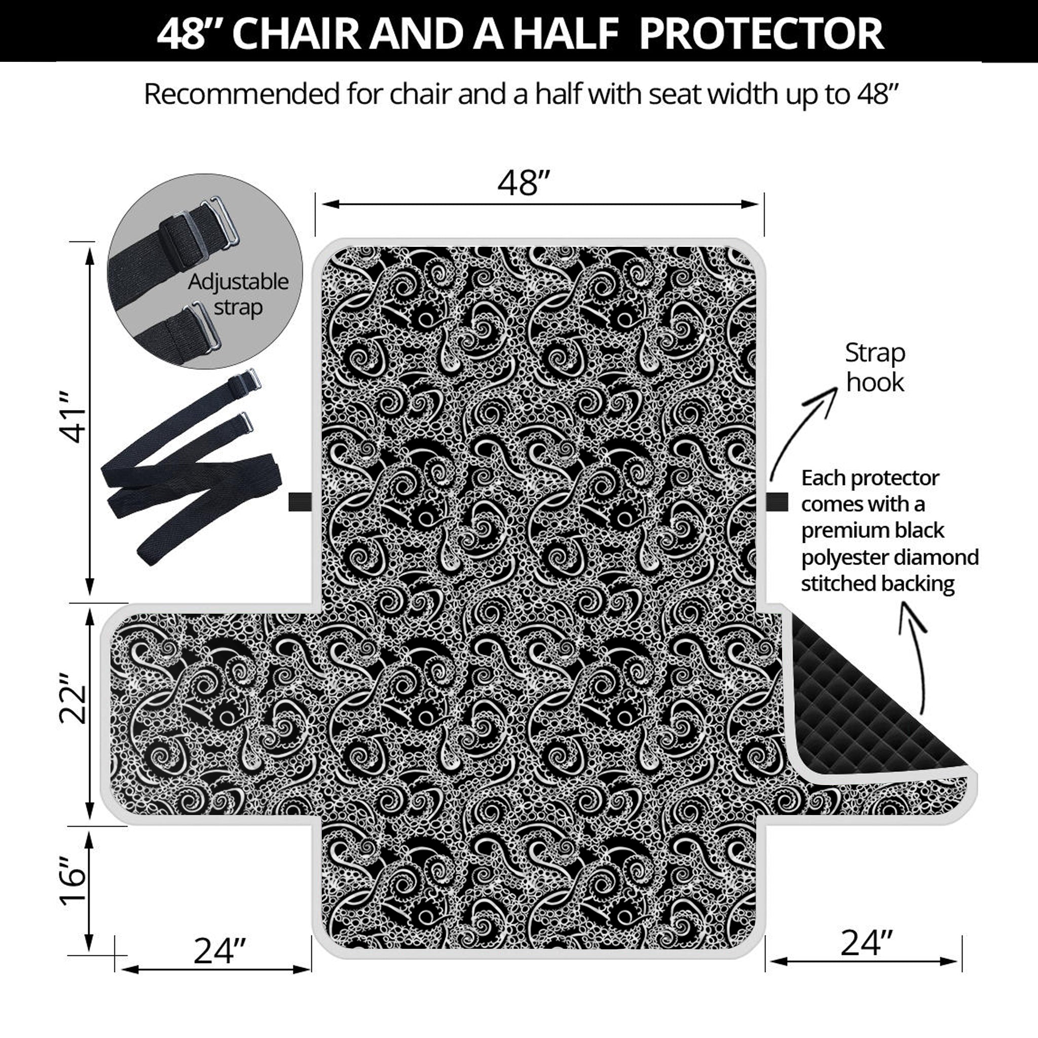 Black And White Octopus Tentacles Print Half Sofa Protector