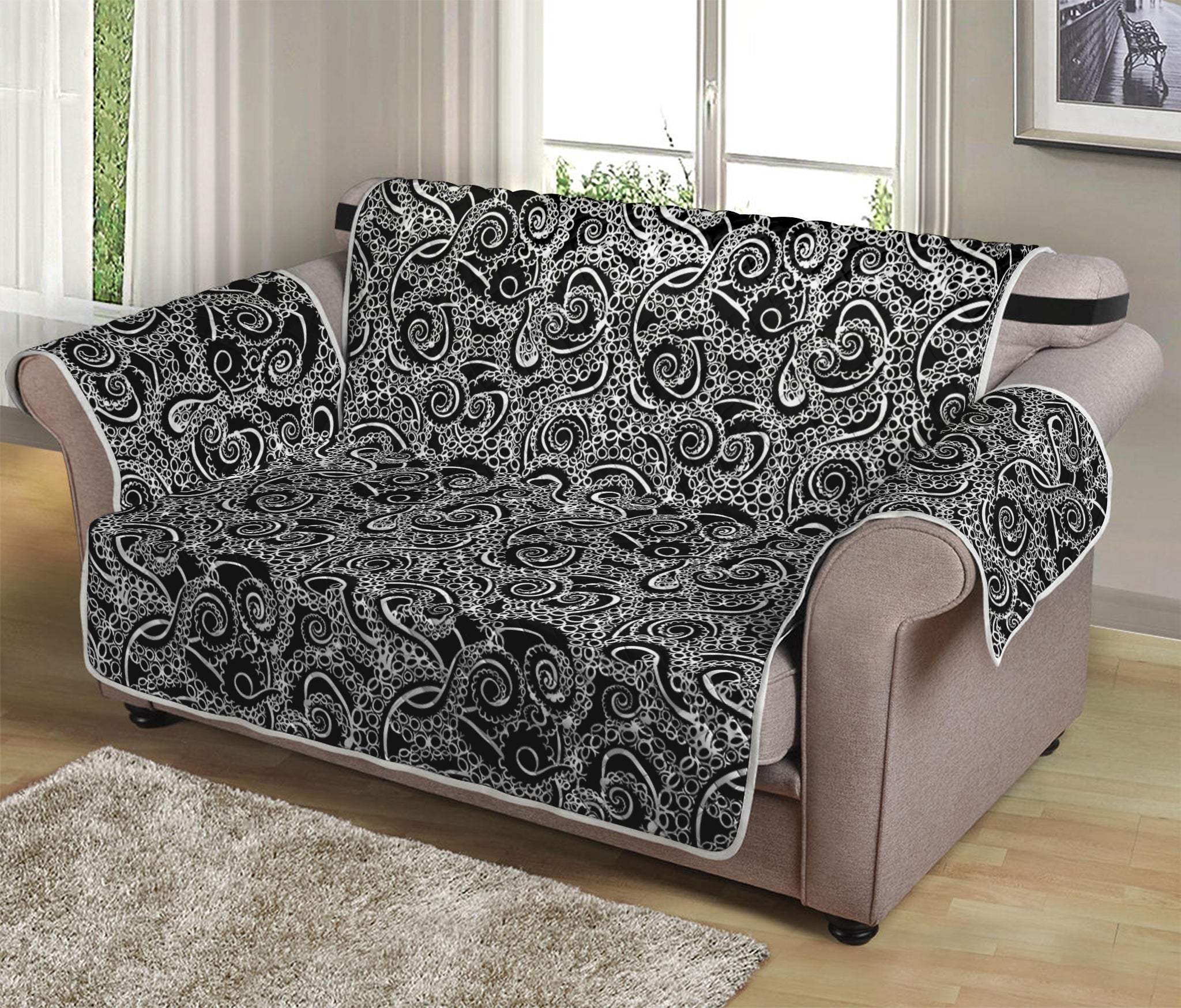 Black And White Octopus Tentacles Print Loveseat Protector