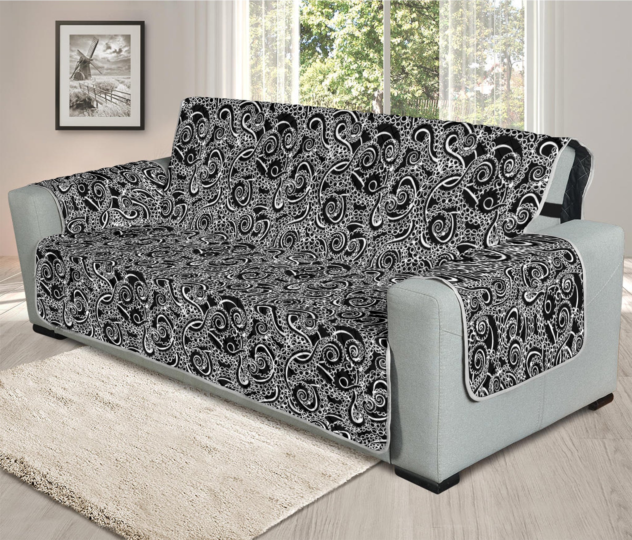Black And White Octopus Tentacles Print Oversized Sofa Protector