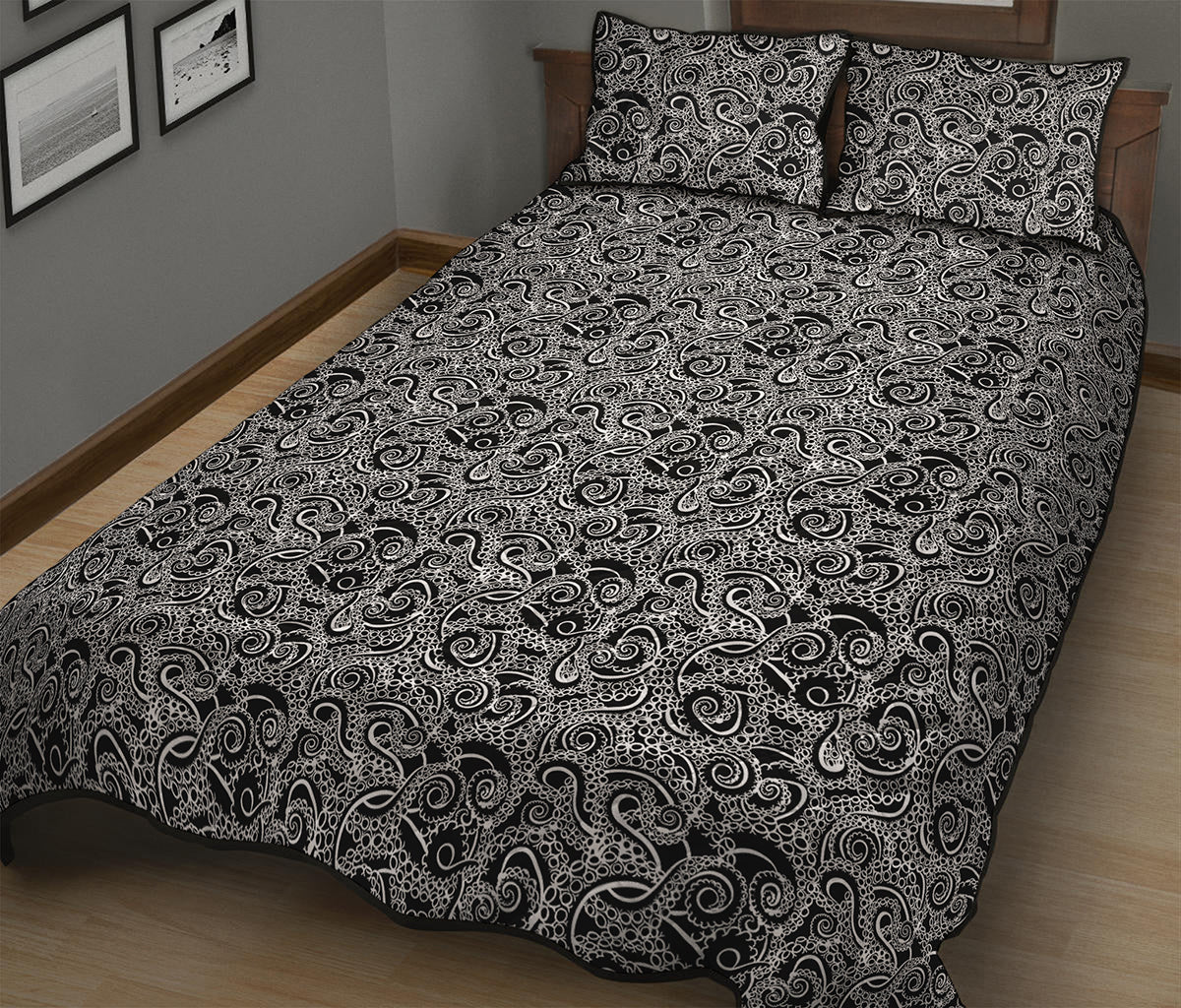 Black And White Octopus Tentacles Print Quilt Bed Set