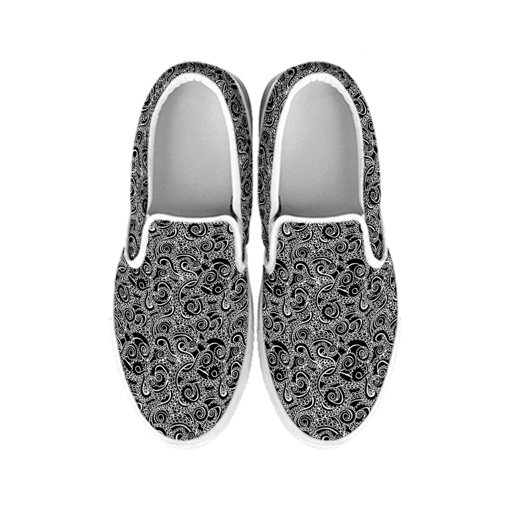 Black And White Octopus Tentacles Print White Slip On Shoes