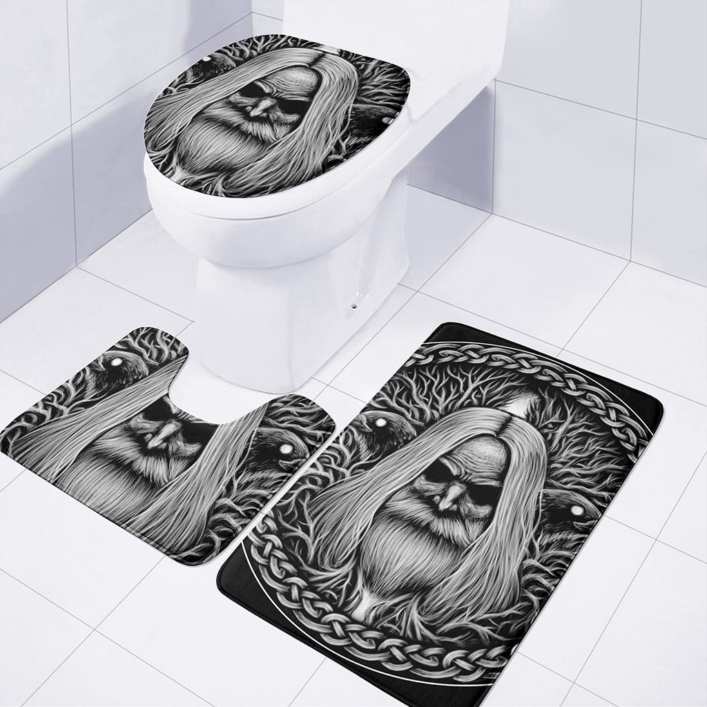 Black And White Odin With Crows Print 3 Piece Bath Mat Set
