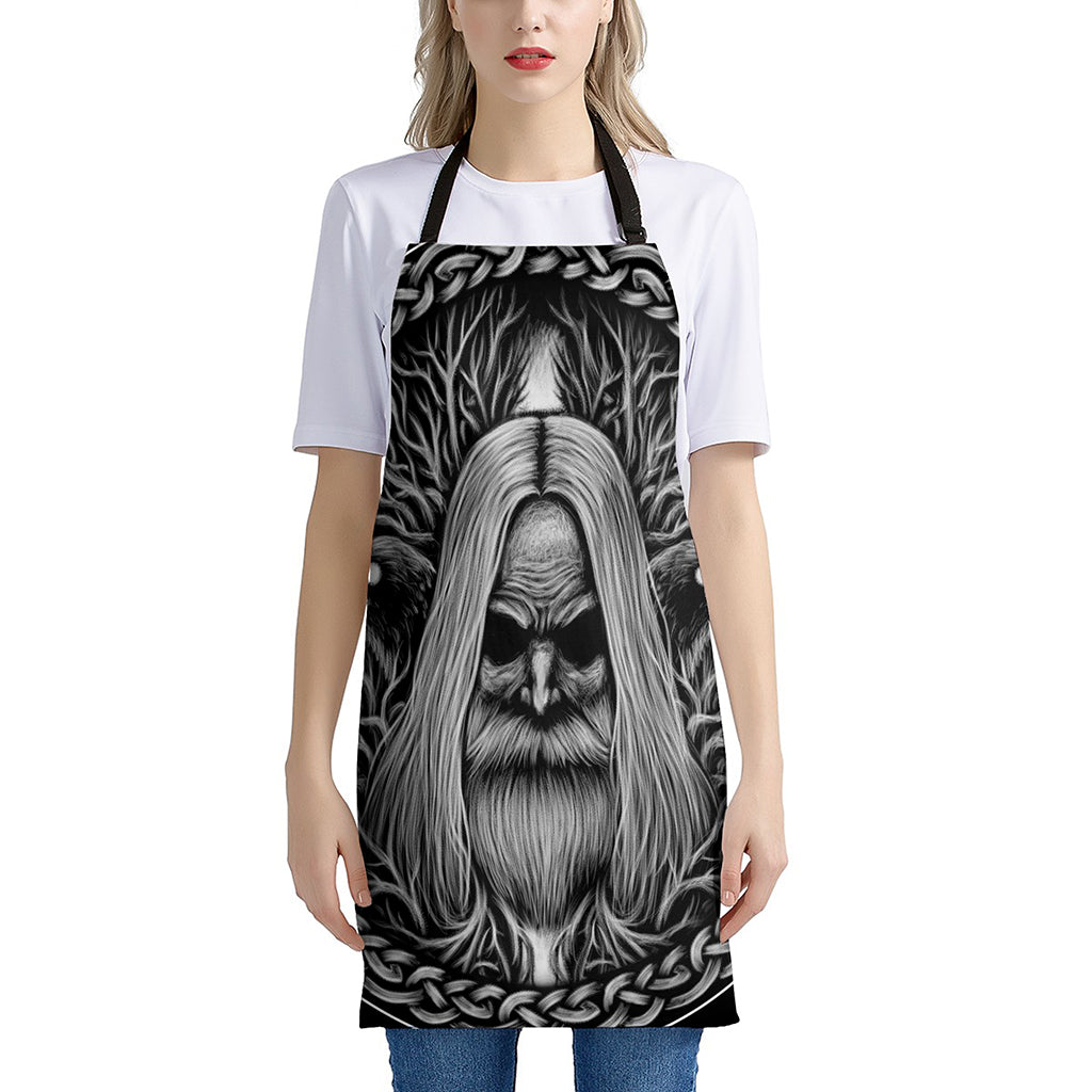 Black And White Odin With Crows Print Apron