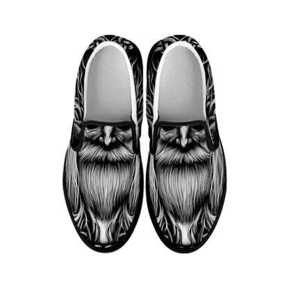 Black And White Odin With Crows Print Black Slip On Shoes