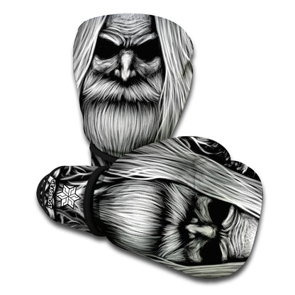 Black And White Odin With Crows Print Boxing Gloves